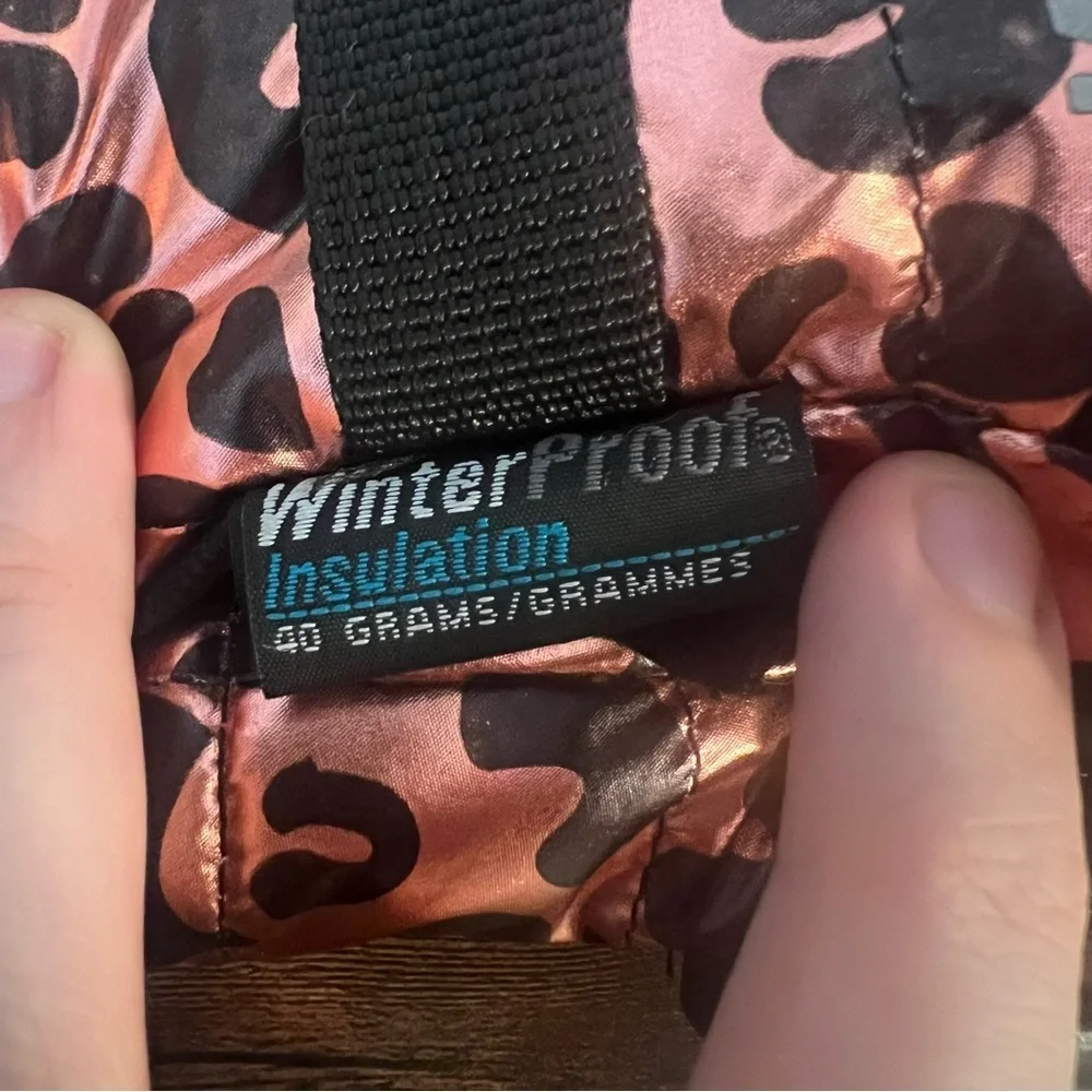 Girls Rose Gold Leopard Foil Gloves Weather Proof Insulation Touch S/M